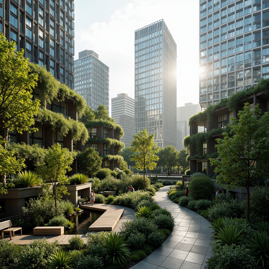 Prompt: Lush green roofs, verdant walls, organic curves, futuristic skyscrapers, sleek metal accents, iridescent glass fa\u00e7ades, bustling cityscape, morning mist, warm sunlight, shallow depth of field, 3/4 composition, panoramic view, realistic textures, ambient occlusion, vibrant flora, tropical plants, trickling water features, natural stone pathways, reclaimed wood benches, modern urban planning, eco-friendly infrastructure, sustainable building materials, innovative drainage systems, airy outdoor spaces, shaded walkways.