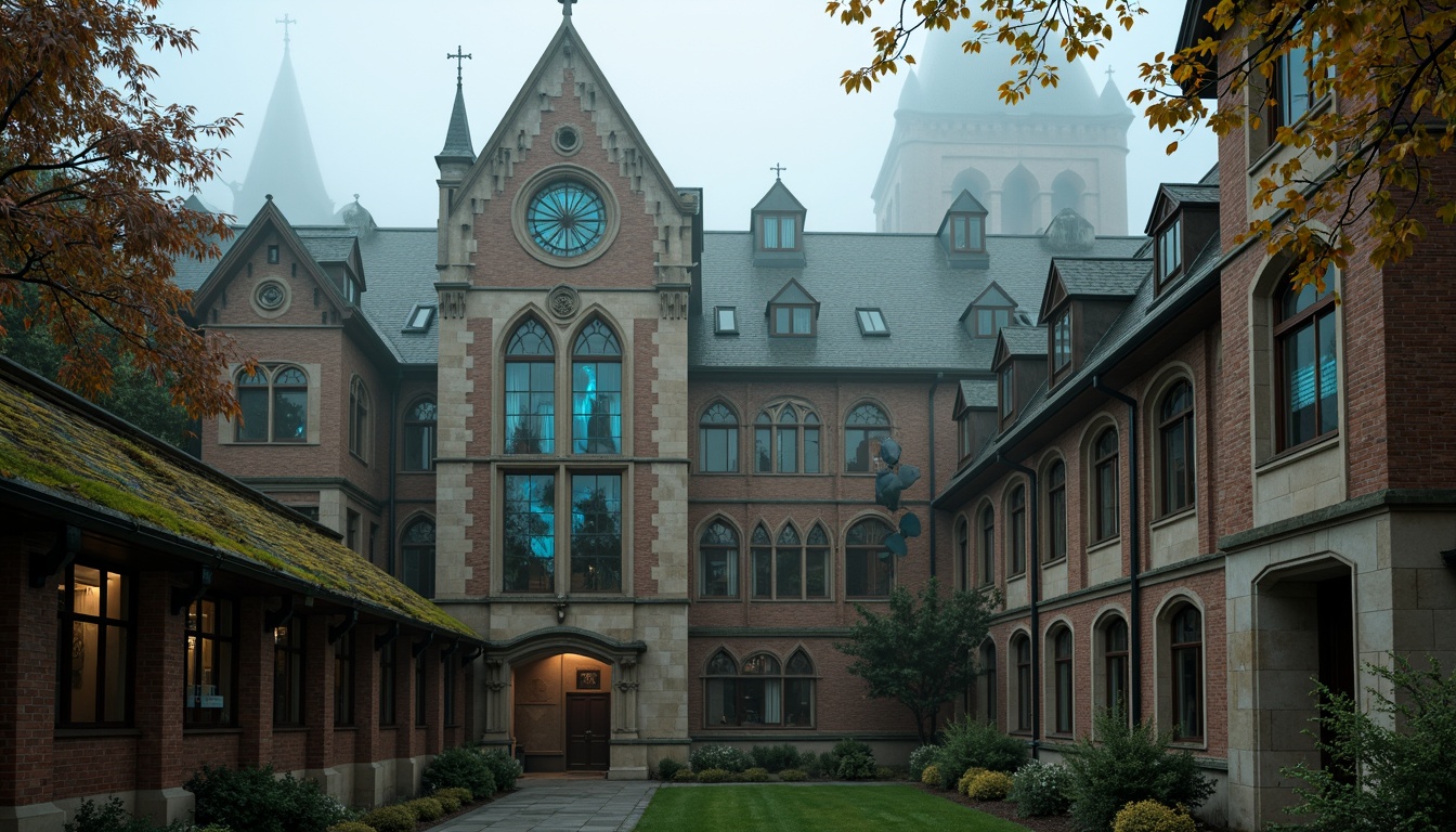 Prompt: Majestic university campus, Gothic architecture, weathered stone walls, ornate carvings, pointed arches, ribbed vaults, stunning stained glass windows, rich wood tones, rustic brick facades, moss-covered roofs, mysterious foggy morning, soft diffused lighting, atmospheric perspective, 1/2 composition, warm earthy colors, muted turquoise accents, deep crimson highlights, subtle golden undertones.