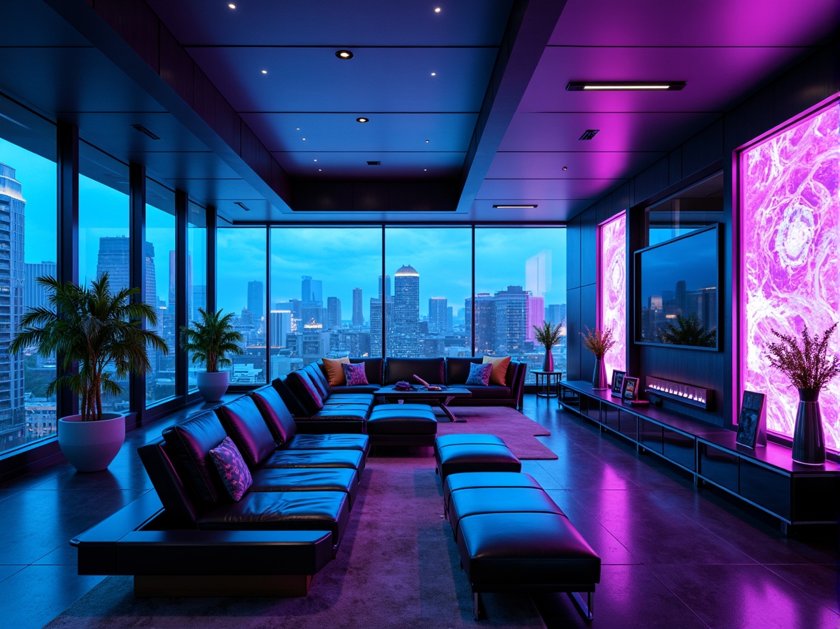 Prompt: Futuristic apartment interior, neon-lit ambiance, electric blue hues, metallic silver accents, glossy black surfaces, iridescent purple tones, holographic patterns, ambient LED lighting, minimalist decor, sleek lines, modern technology integration, futuristic furniture designs, glass and steel materials, urban cityscape views, high-rise building, 1/1 composition, dramatic shadows, soft focus, cinematic atmosphere.