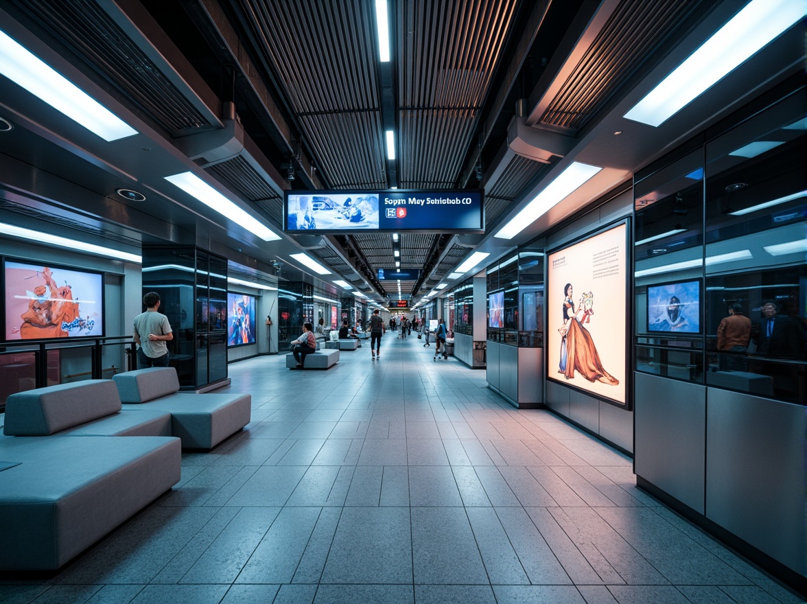 Prompt: Futuristic metro station interior, sleek stainless steel walls, polished granite floors, glass ceilings, modern LED lighting, minimalist seating areas, high-gloss acrylic signage, aluminum railings, advanced digital displays, immersive multimedia installations, vibrant neon accents, dynamic urban rhythms, fast-paced commuter atmosphere, shallow depth of field, 1/2 composition, dramatic backlighting, realistic metallic textures, ambient occlusion.