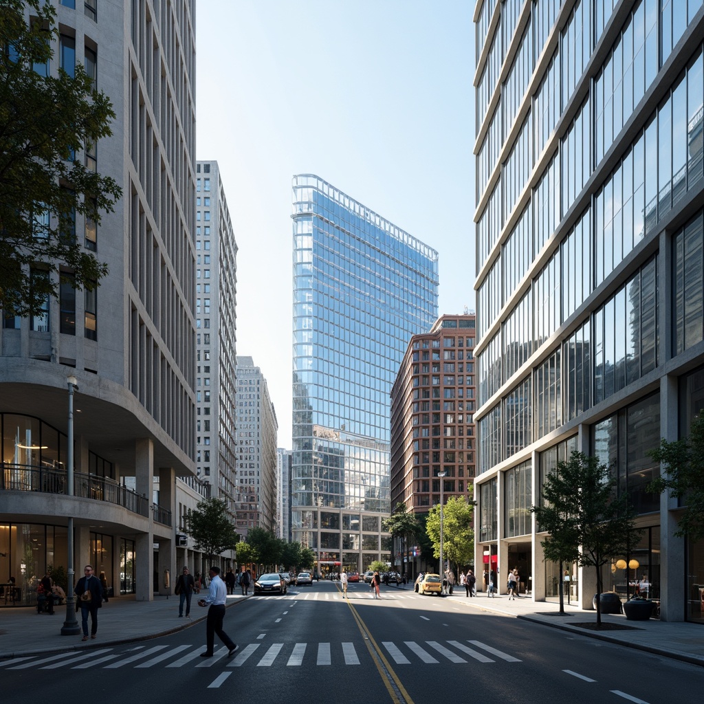 Prompt: Modern transparent buildings, minimalist glass facades, sleek metal frames, subtle reflections, soft natural light, diffused shadows, abstract patterns, futuristic aesthetic, urban cityscape, busy streets, blurred pedestrians, shallow depth of field, 1/1 composition, high-key lighting, ambient occlusion.