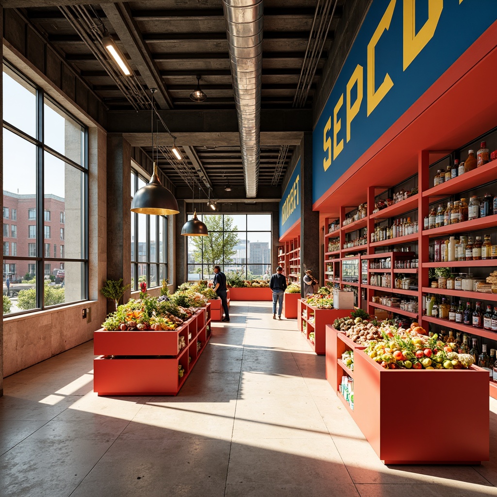 Prompt: Vibrant grocery store, industrial-chic Bauhaus style, bold primary colors, bright red shelves, deep blue accents, yellow signage, neutral beige flooring, exposed ductwork, metal grid ceiling, minimalist typography, functional display cases, geometric patterns, rectangular shapes, urban loft atmosphere, natural light pouring in, soft shadows, shallow depth of field, 1/2 composition, realistic textures, ambient occlusion.