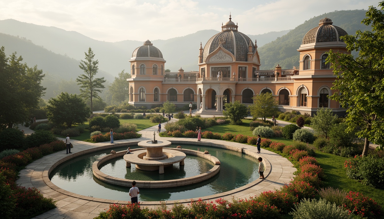 Prompt: Opulent baroque palace, grandiose fountain, lavish ornate decorations, lush greenery, vibrant flowers, intricate stone carvings, ornamental statues, serene lake, rolling hills, misty morning atmosphere, soft warm lighting, shallow depth of field, 3/4 composition, panoramic view, realistic textures, ambient occlusion.