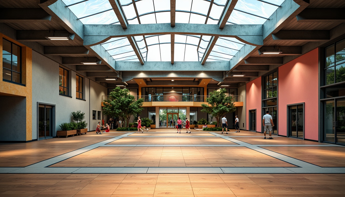 Prompt: Vibrant gym interior, translucent roofing, natural light filtering, diffused shadows, athletic tracks, sports equipment, wooden flooring, minimalist design, modern architecture, large windows, glass doors, steel beams, suspended ceilings, ambient lighting, soft warm tones, 1/1 composition, realistic textures, subtle color palette, dynamic energy atmosphere, energetic vibe, fitness-inspired decorations.