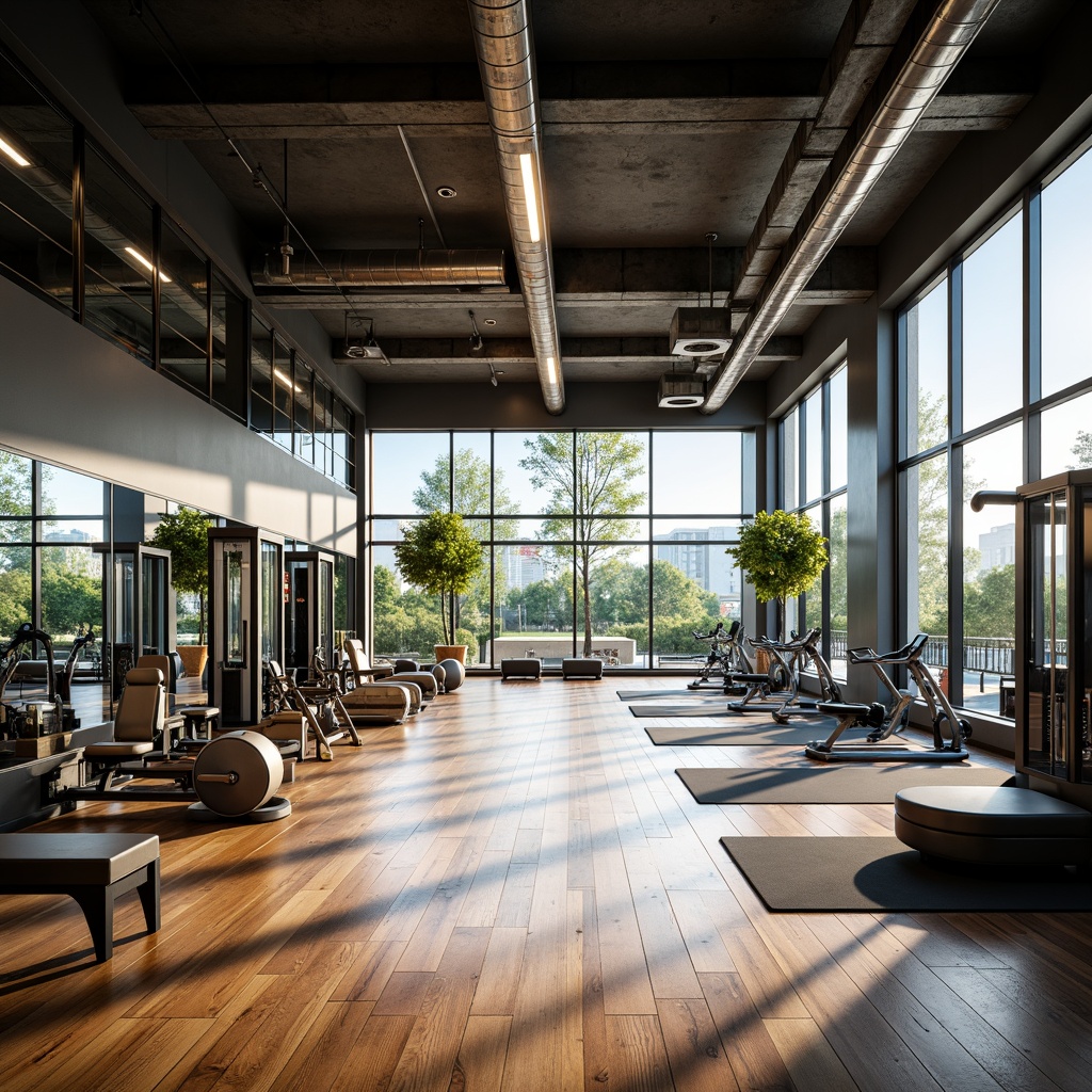 Prompt: Modern fitness club interior, large windows, natural light pouring in, sleek metal beams, polished wood floors, mirrored walls, state-of-the-art equipment, free weights area, cardio machines zone, yoga mats space, calm ambiance, soft warm lighting, shallow depth of field, 3/4 composition, panoramic view, realistic textures, ambient occlusion.