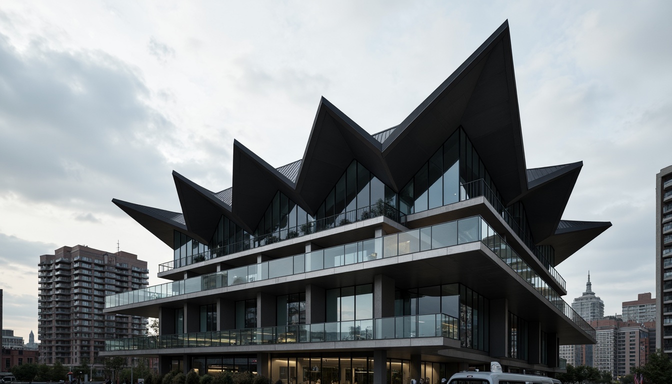 Prompt: Unique roofline silhouettes, asymmetrical facades, cantilevered overhangs, angular lines, dynamic shapes, bold architectural statements, modernist influences, industrial materials, exposed ductwork, metallic cladding, glass railings, urban cityscape backdrop, cloudy grey sky, dramatic shadowplay, high-contrast lighting, 1/2 composition, shallow depth of field, realistic reflections.