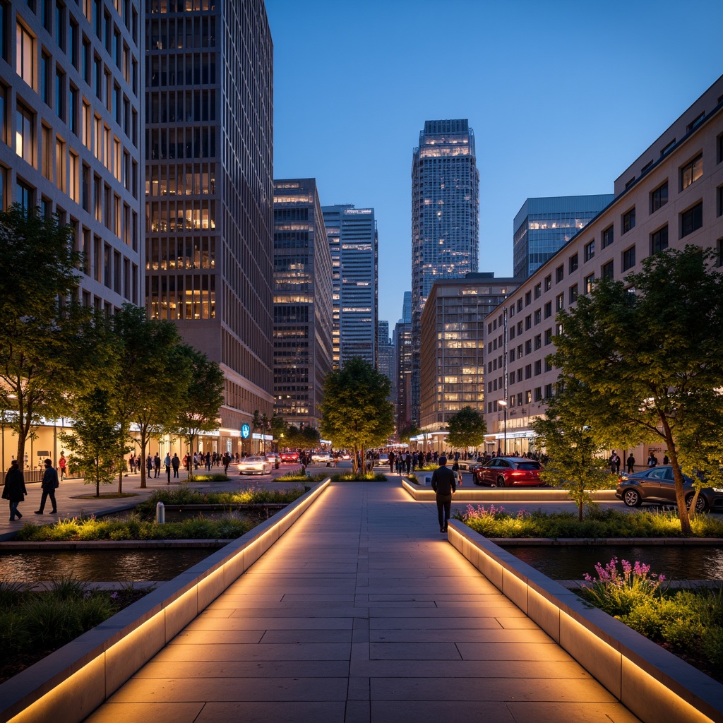 Prompt: Futuristic pedestrian bridge, sleek metal railings, LED strip lighting, warm ambient glow, dynamic color changing effects, modern urban landscape, city skyline views, bustling street activity, vibrant nightlife atmosphere, atmospheric misting systems, cantilevered walkways, suspended planters, lush greenery, stainless steel cables, minimalist design, energy-efficient illumination, 3/4 composition, shallow depth of field, realistic reflections, soft warm lighting.