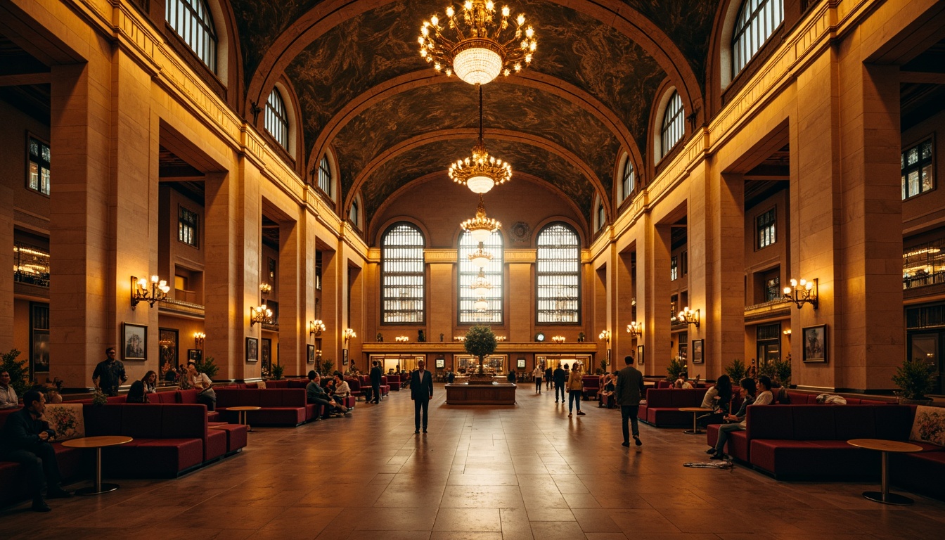 Prompt: Grandiose train station, high ceilings, ornate chandeliers, warm golden lighting, soft ambient glow, majestic arches, marble floors, intricate moldings, classic columns, luxurious waiting lounges, velvet upholstery, polished brass fixtures, symmetrical composition, central focal point, dramatic shadows, subtle color grading, 1/2 composition, warm color temperature, softbox lights, realistic reflections.