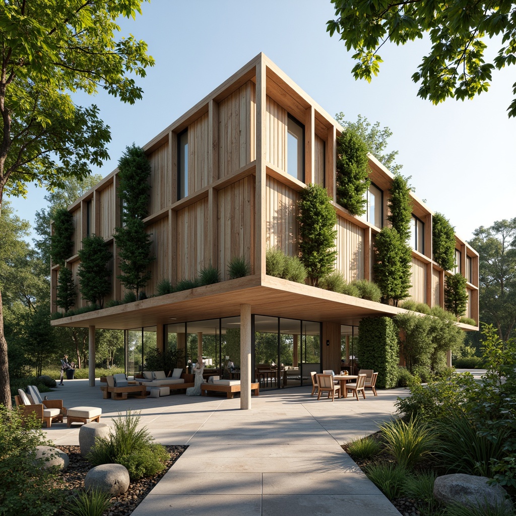 Prompt: Eco-friendly building, reclaimed wood facades, living green walls, solar panels, wind turbines, rainwater harvesting systems, low-carbon concrete structures, recycled metal frameworks, bamboo flooring, natural fiber insulation, energy-efficient glazing, double-glazed windows, thermal mass materials, breathable membranes, organic paint finishes, FSC-certified timber, locally sourced materials, minimal waste construction, cradle-to-cradle design, circular economy principles, bright airy interior spaces, abundant natural light, soft diffused lighting, 1/1 composition, shallow depth of field.