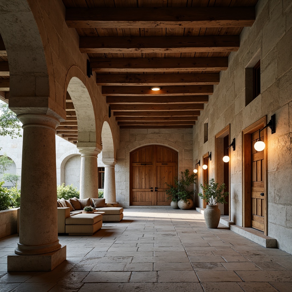 Prompt: Rustic Romanesque house, stone columns, ornate capitals, rounded arches, thick walls, small windows, earthy tones, natural materials, wooden doors, heavy iron hinges, lantern-style lighting, cozy interior spaces, warm color palette, soft warm lighting, 1/1 composition, shallow depth of field, realistic textures, ambient occlusion.