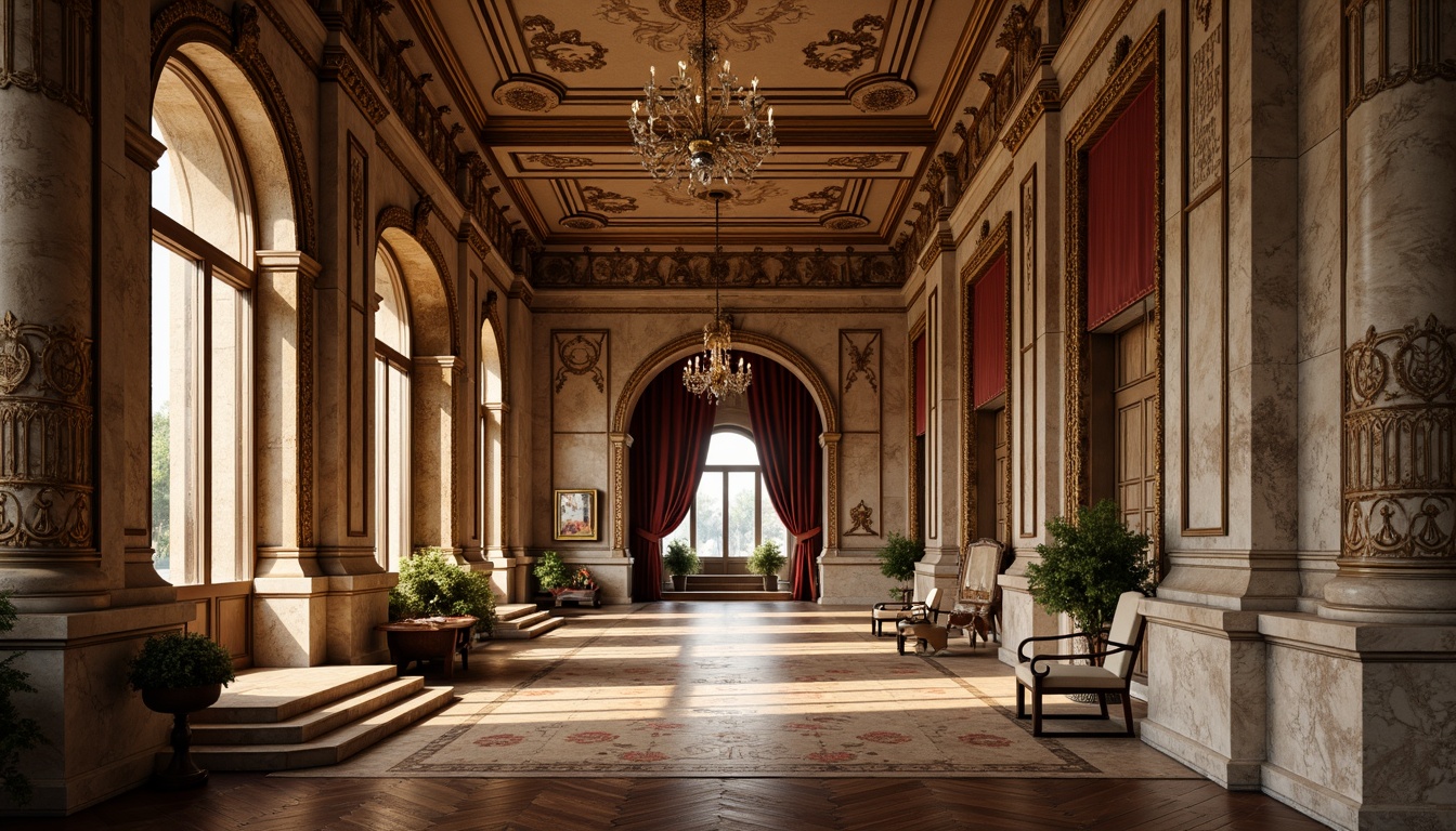 Prompt: Marble columns, ornate carvings, intricate moldings, rustic stone walls, polished wooden floors, velvet drapes, gilded ornaments, ornamental frescoes, classical pediments, symmetrical facades, grand entrance halls, sweeping staircases, crystal chandeliers, warm golden lighting, soft focus, shallow depth of field, 2/3 composition, realistic textures, ambient occlusion.