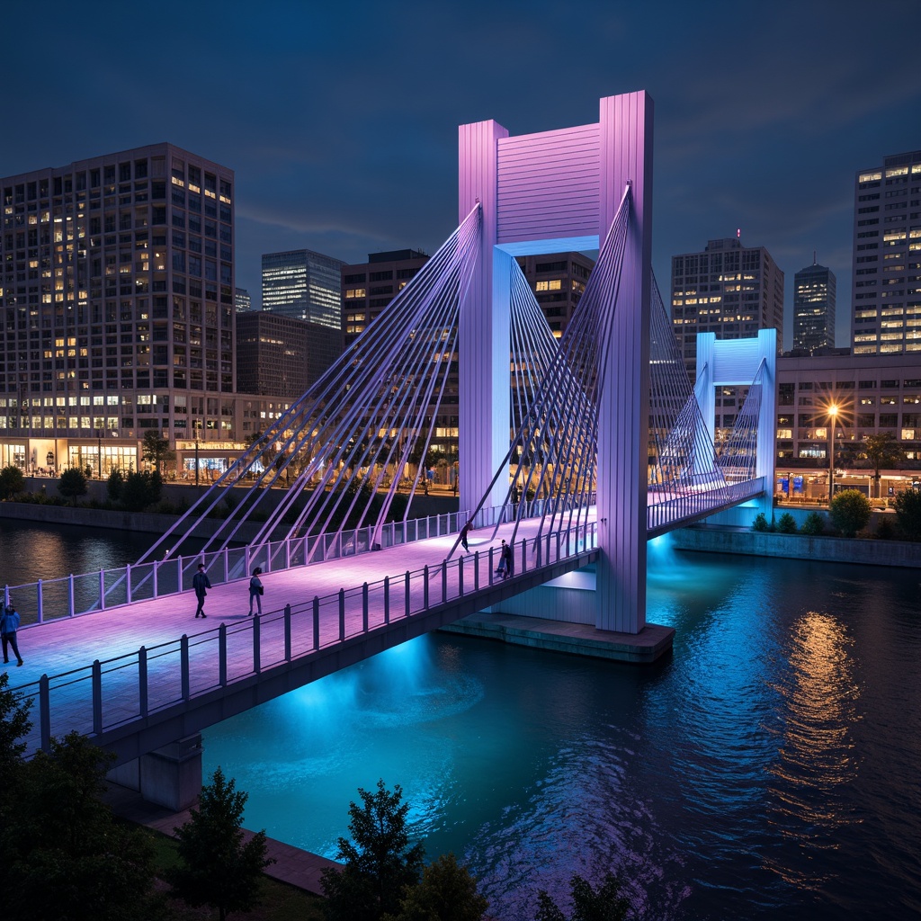 Prompt: Illuminated pedestrian bridge, sleek modern architecture, urban cityscape, night time atmosphere, vibrant color changing LEDs, dynamic lighting patterns, futuristic ambiance, stainless steel cables, glass floors, cantilevered structures, dramatic arches, suspended walkways, river or waterfront views, misty fog effects, shallow depth of field, 1/1 composition, realistic reflections, ambient occlusion.