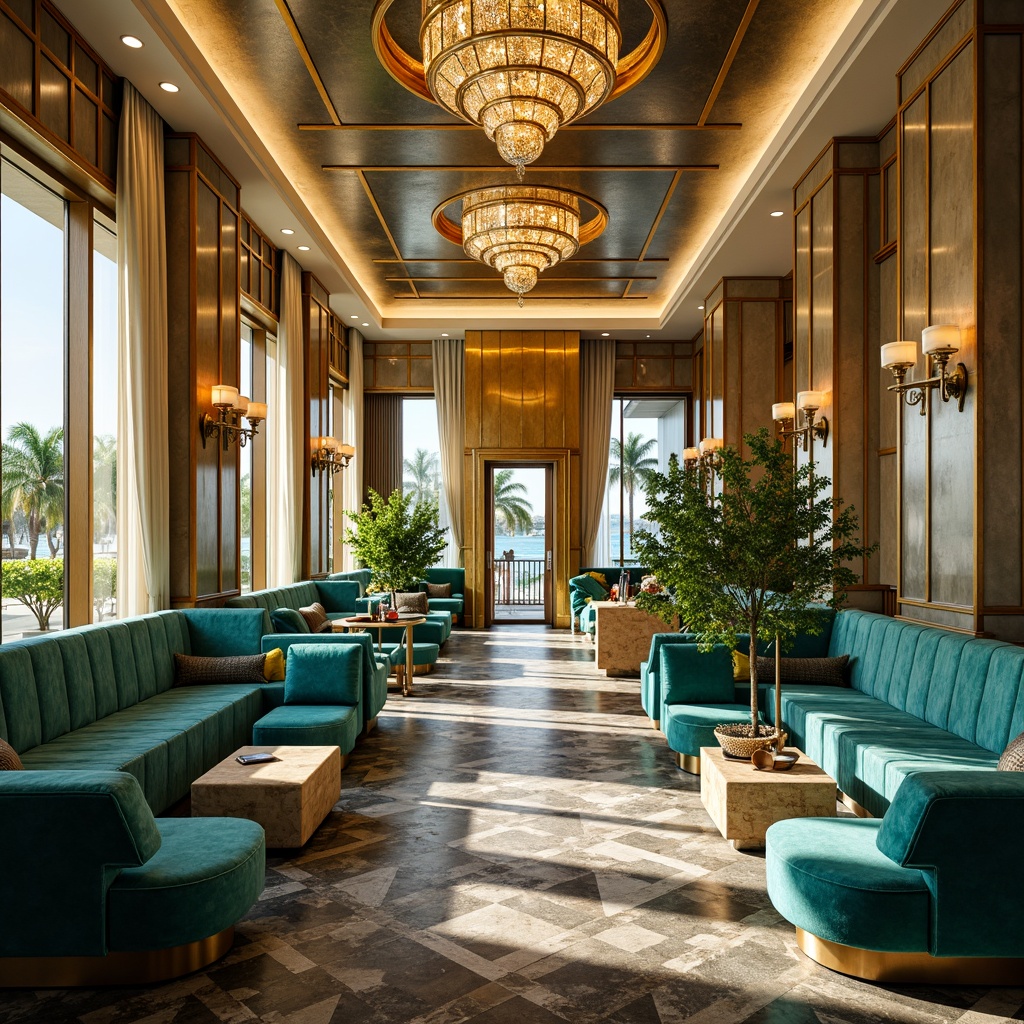 Prompt: Luxurious Art Deco interior, opulent gold accents, rich velvet fabrics, bold geometric patterns, vibrant turquoise hues, creamy whites, deep charcoal grays, lavish chrome details, ornate metalwork, glamorous crystal chandeliers, sun-kissed Miami Beach vibe, warm golden lighting, shallow depth of field, 1/1 composition, realistic textures, ambient occlusion.