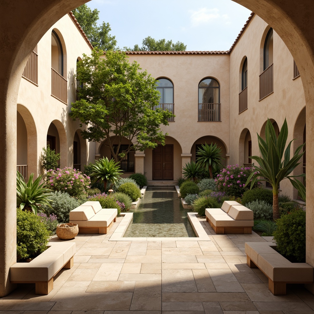 Prompt: Serene monastery courtyard, soft warm beige walls, rustic stone flooring, tranquil water features, lush greenery, vibrant flowers, simple wooden benches, minimalist furniture, calming neutral color palette, earthy tones, natural textures, subtle lighting, warm afternoon sunbeams, peaceful ambiance, 1/1 composition, shallow depth of field, realistic renderings, ambient occlusion.