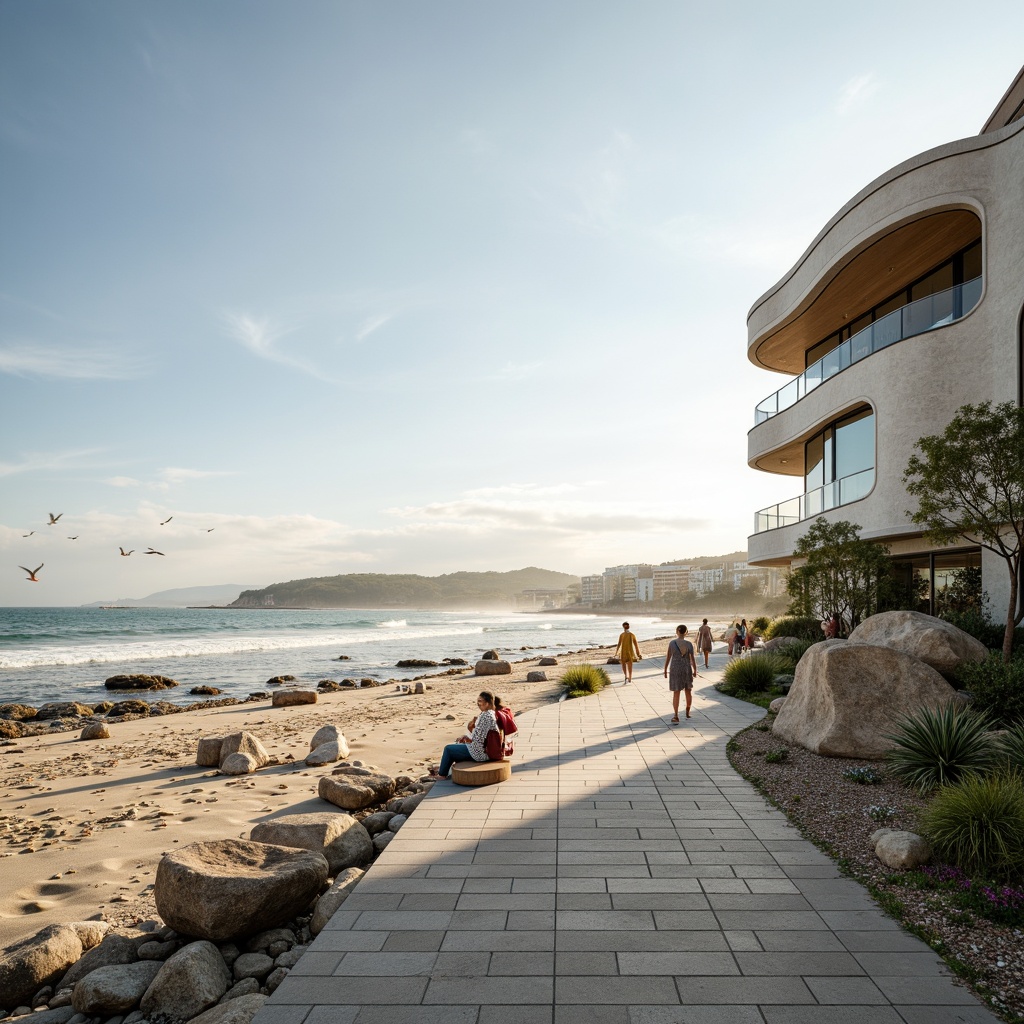 Prompt: Sandy beaches, rocky shores, ocean views, seaside promenade, modern coastal architecture, curved lines, wave-inspired design, sustainable materials, recycled glass, wooden accents, nautical themes, fishing nets, seagulls, salty air, warm sunlight, shallow depth of field, 1/1 composition, realistic textures, ambient occlusion, misty morning atmosphere.