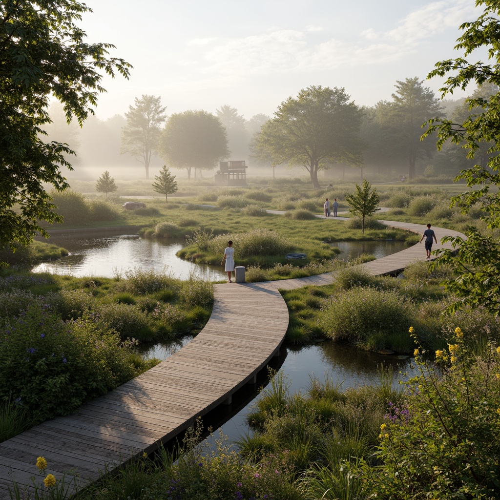 Prompt: Serene wetland landscape, lush aquatic vegetation, winding waterways, natural stone walkways, wooden boardwalks, observation decks, birdwatching stations, educational signs, native wildflowers, tranquil ponds, misty morning atmosphere, soft warm lighting, shallow depth of field, 3/4 composition, panoramic view, realistic textures, ambient occlusion.