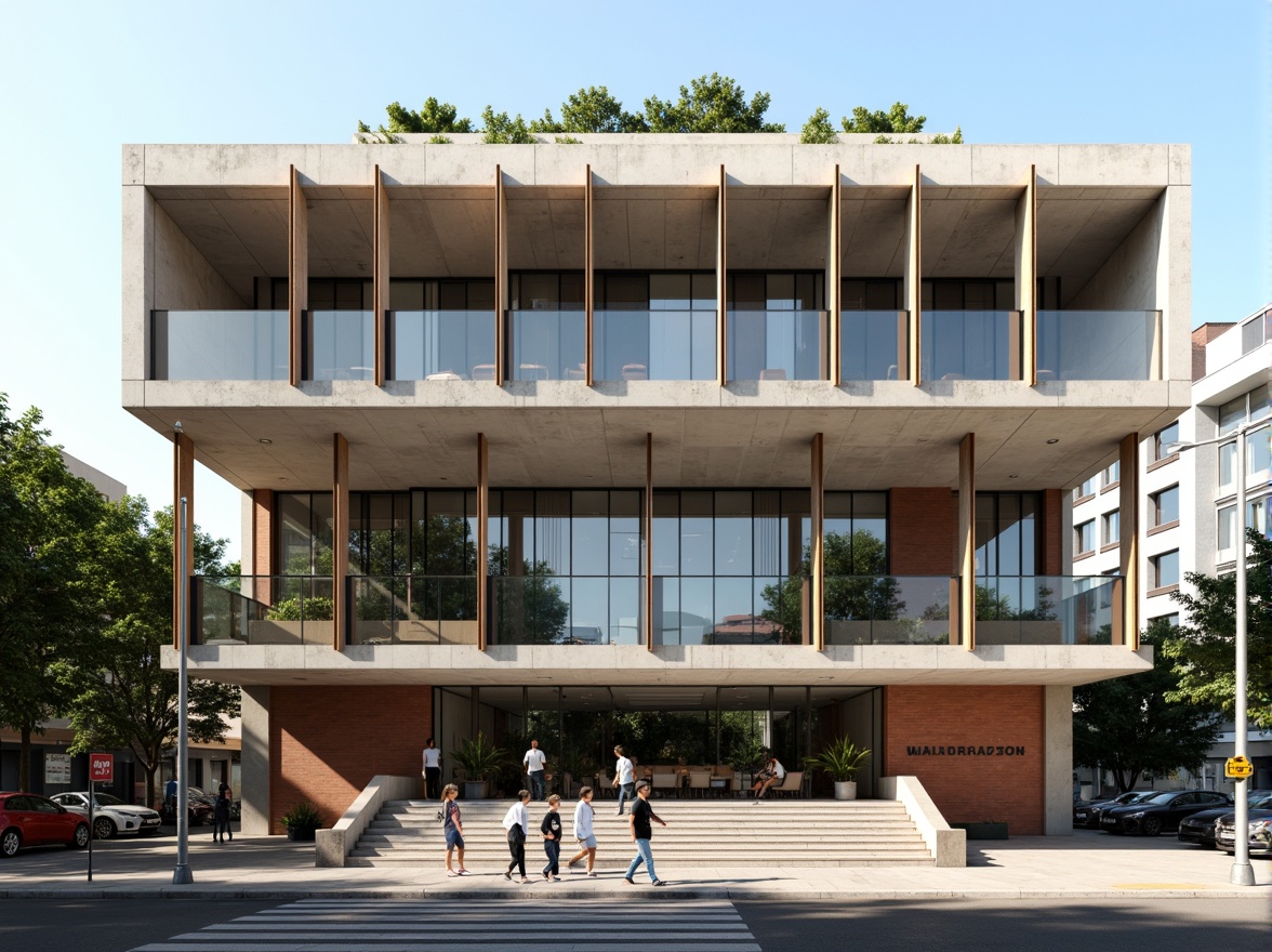 Prompt: Courthouse facade, Bauhaus-inspired architecture, asymmetrical composition, rectangular volumes, cantilevered upper floors, flat roofs, industrial materials, exposed concrete, steel frames, minimal ornamentation, functional simplicity, clean lines, geometric shapes, primary colors, bold typography, monumental entrance, grand staircase, natural light, open atrium, urban context, busy street scene, morning sunlight, shallow depth of field, 2/3 composition, symmetrical balance.