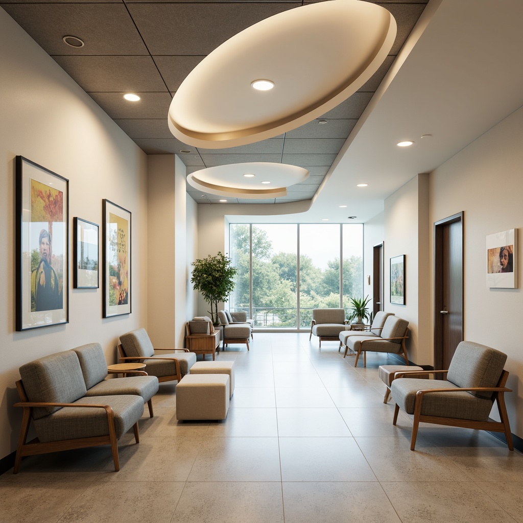 Prompt: Calming hospital interior, soothing color scheme, comfortable seating areas, natural light exposure, acoustic ceiling panels, noise-reducing flooring, gentle curves, minimalist decor, ergonomic furniture, soft cushioning, warm lighting, cozy waiting zones, calming artwork, peaceful ambiance, 1/1 composition, shallow depth of field, realistic textures, ambient occlusion.