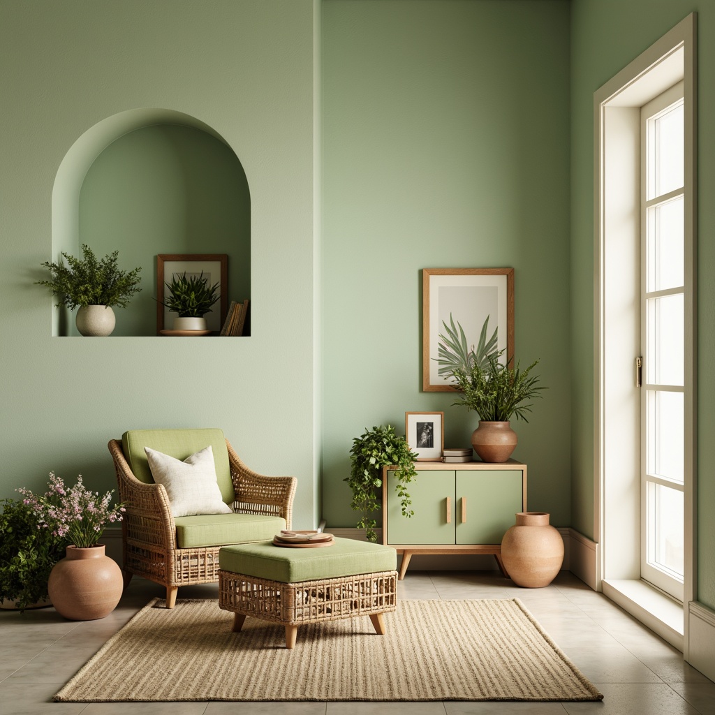 Prompt: Soft mint green walls, gentle lime accents, calming sage furniture, natural woven textiles, earthy terracotta pots, delicate flower patterns, warm beige flooring, creamy white trim, rustic wooden decor, serene botanical prints, subtle gradient skies, dreamy soft focus, 1/1 composition, intimate shallow depth of field, warm golden hour lighting.