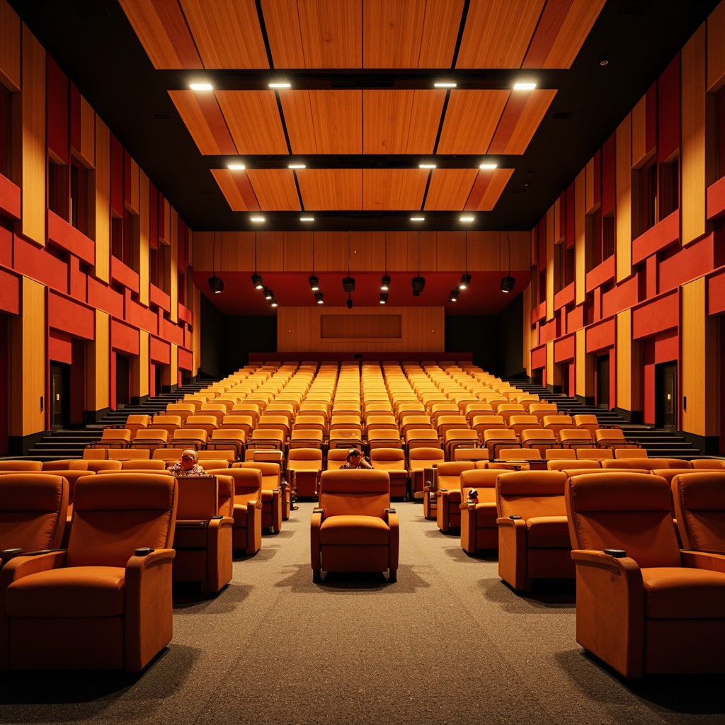 Prompt: Vibrant auditorium interior, rich wood tones, warm golden lighting, comfortable seating, bold color accents, geometric patterns, dynamic shapes, modern minimalist design, high ceilings, acoustic panels, soundproofing materials, intimate performance space, spotlight illumination, dramatic shadows, 1/1 composition, low-angle shot, cinematic atmosphere, realistic textures, ambient occlusion.