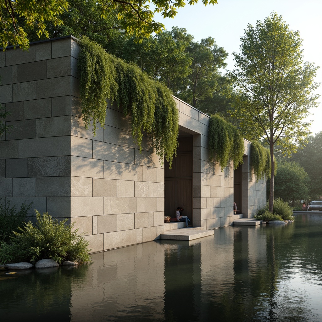 Prompt: Riverbank limestone facade, minimalist architecture, calm water reflections, lush greenery overhanging, natural stone walls, clean lines, simple geometry, limited color palette, earthy tones, subtle texture variations, soft morning light, gentle mist, serene atmosphere, 1/1 composition, realistic rendering, ambient occlusion.