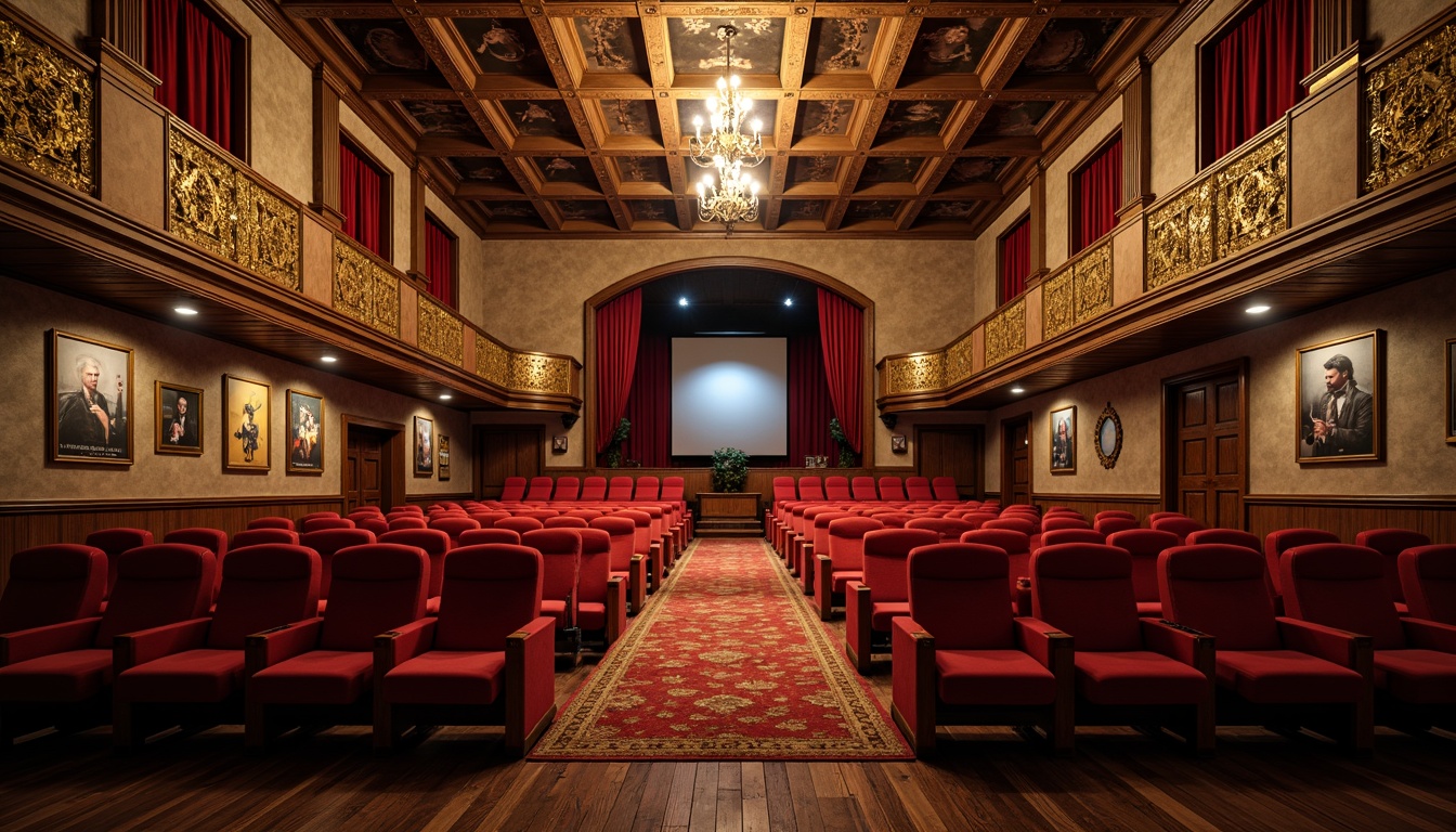 Prompt: Rustic cinema interior, wooden floorboards, plush red velvet seats, ornate golden balconies, grand chandeliers, classic film posters, vintage cameras, spotlights, crimson curtains, luxurious carpets, high ceilings, intricate moldings, academic architectural details, stone walls, archways, domed roofs, soft warm lighting, shallow depth of field, 2/3 composition, realistic textures, ambient occlusion.