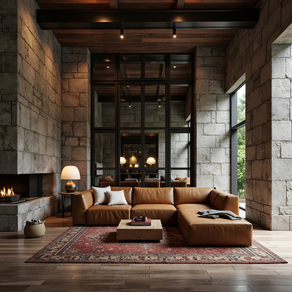 Prompt: Rustic stone walls, distressed wood accents, smooth glass surfaces, industrial metal beams, luxurious velvet fabrics, rich leather textures, natural fiber rugs, reclaimed wood floors, modern minimalist decor, soft warm lighting, shallow depth of field, 1/1 composition, intimate atmosphere, moody color palette, ambient occlusion.