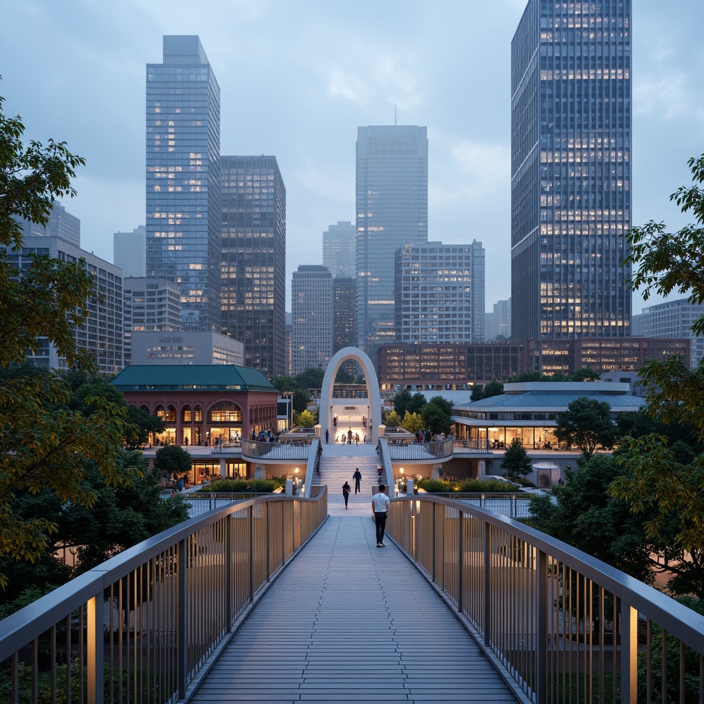 Prompt: Curved pedestrian bridge, sleek modern design, stainless steel railings, tempered glass floors, vibrant cityscape views, bustling urban atmosphere, dynamic lighting effects, shallow depth of field, 1/2 composition, dramatic arches, minimalist structural elements, innovative materials, green roofs, ambient occlusion, realistic reflections, warm evening ambiance, soft misty lighting.