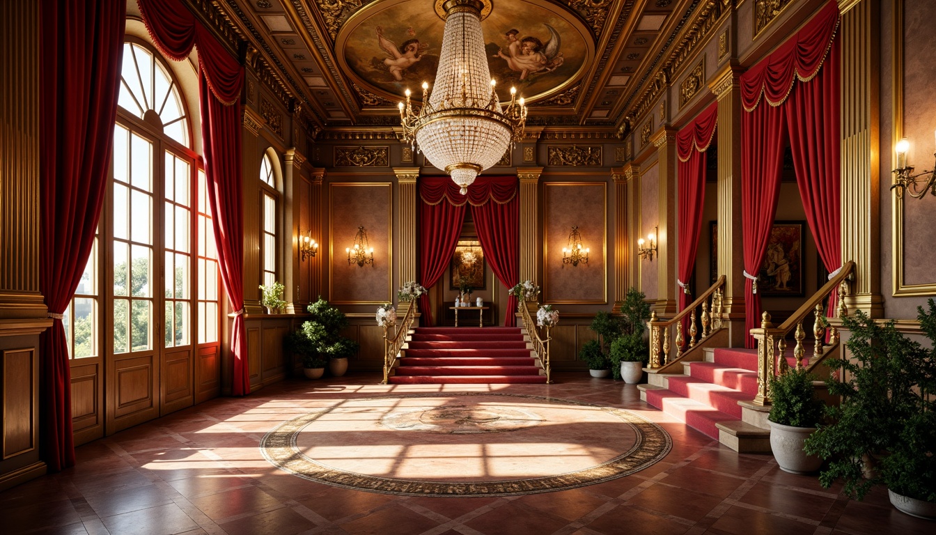 Prompt: Luxurious mansion interior, ornate gold leaf detailing, intricate wooden carvings, rich velvet drapes, lavish crystal chandeliers, polished marble floors, gilded mirrors, grandiose staircases, ornamental frescoes, vibrant red and gold color scheme, dramatic lighting effects, warm atmospheric ambiance, 1/1 composition, shallow depth of field, realistic textures, ambient occlusion.