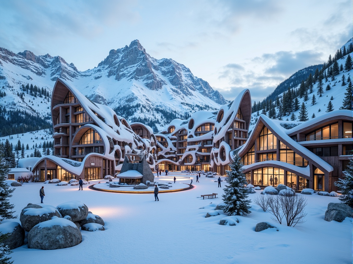 Prompt: Fragmented ski resort, distorted mountain peaks, irregularly shaped buildings, fragmented wooden structures, abstract snow patterns, icy blue tones, rugged rocky textures, dynamic angular lines, avant-garde architectural design, unconventional roof shapes, asymmetrical compositions, dramatic lighting effects, misty atmosphere, shallow depth of field, 1/2 composition, realistic renderings, ambient occlusion, metallic accents, neon color schemes.