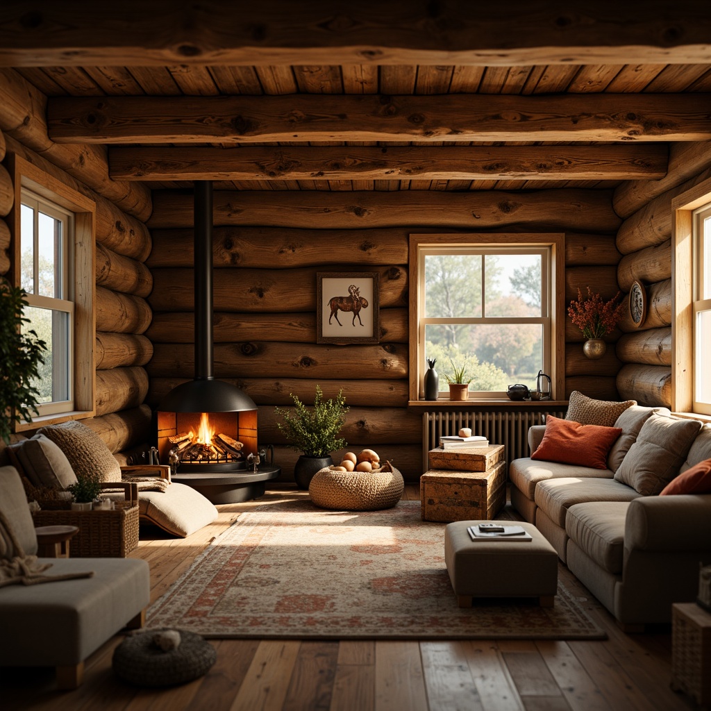 Prompt: Cozy cabin, rustic wooden walls, earthy tones, warm beige, soft golden light, comforting atmosphere, crackling fireplace, plush furniture, velvety textures, natural materials, woven baskets, vintage decor, autumnal hues, rich brown, inviting ambiance, soft focus, warm glow, 1/2 composition, intimate setting.