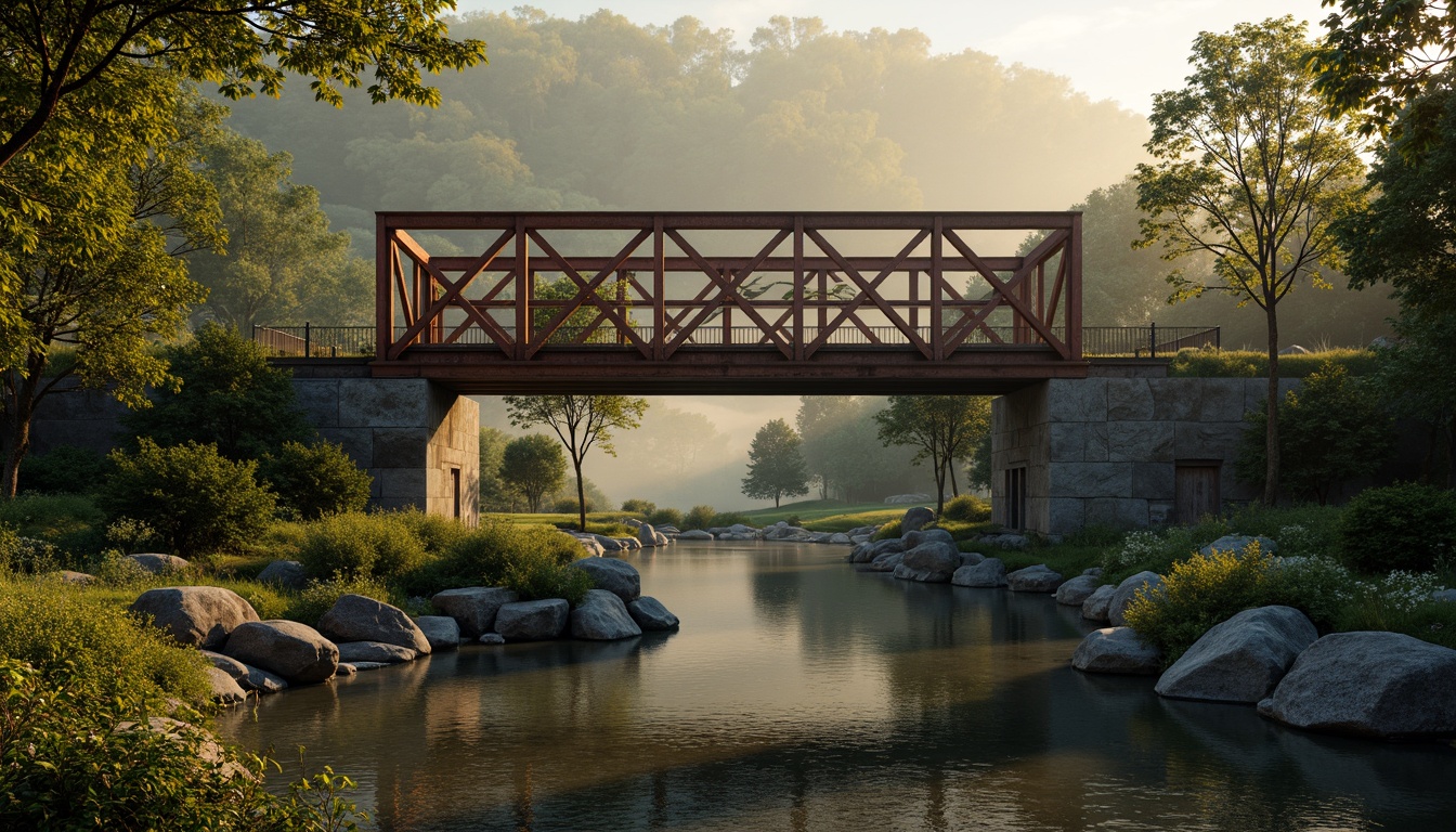 Prompt: Rustic steel bridges, wooden railings, earthy tones, natural stone foundations, verdant surroundings, lush greenery, serene water reflections, misty mornings, warm golden lighting, shallow depth of field, 1/2 composition, atmospheric perspective, realistic textures, ambient occlusion, regionalism style, cultural heritage inspiration, nostalgic feel, historic significance, scenic views, tranquil atmosphere, soft focus, impressionist brushstrokes.