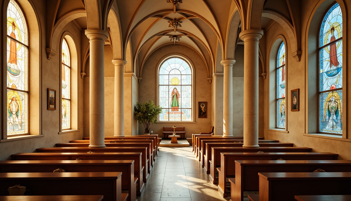 Prompt: Serene chapel interior, warm beige stone walls, soft golden lighting, ornate wooden pews, stained glass windows, vibrant sacred artwork, calming blue accents, elegant cream-colored ceilings, traditional Gothic architecture, grand high ceilings, peaceful ambiance, subtle texture details, realistic materials, ambient occlusion, 3/4 composition, intimate portrait view.