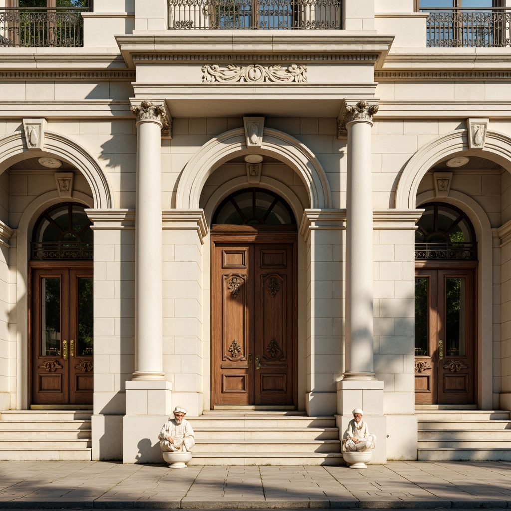 Prompt: Grand neoclassical facade, ornate architraves, Ionic columns, carved marble details, symmetrical composition, elegant proportions, creamy white stone, subtle shadowing, warm natural light, slight depth of field, 1/1 composition, classical orders, intricate moldings, ornamental pilasters, rusticated base, limestone walls, solemn atmosphere, refined textures, ambient lighting.