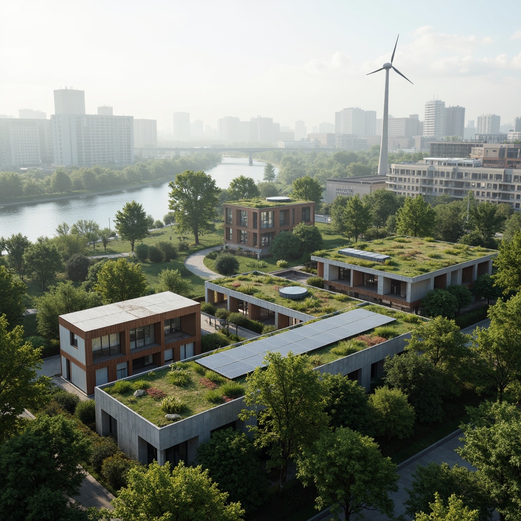 Prompt: Eco-friendly modern architecture, green roofs, solar panels, wind turbines, recycled metal buildings, reclaimed wood accents, low-carbon concrete structures, bamboo flooring, natural fiber textiles, energy-efficient systems, rainwater harvesting, grey water reuse, organic gardens, vertical farming, living walls, urban forestry, misty morning atmosphere, soft diffused lighting, 1/1 composition, realistic reflections, ambient occlusion.