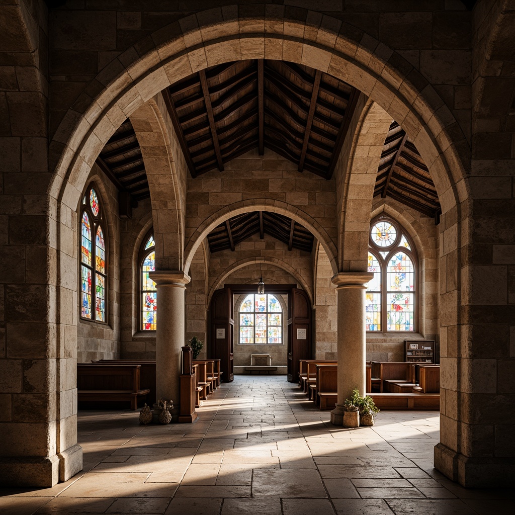 Prompt: Grandiose Romanesque church, rustic stone walls, majestic arched entrance, intricately carved doorways, stained glass windows, vaulted ceilings, ornate capitals, robust columns, rounded apses, atmospheric lighting, warm earthy tones, natural textures, subtle shadows, 1/2 composition, symmetrical framing, dramatic chiaroscuro.