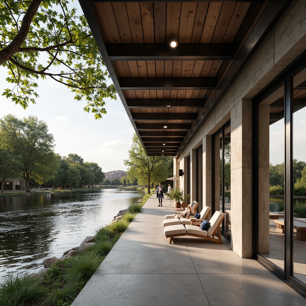 Prompt: Riverbank setting, serene waterfront, gentle river flow, lush greenery, natural stone walls, reclaimed wood accents, minimalist architecture, clean lines, simple forms, neutral color palette, weathered steel beams, polished concrete floors, industrial-style lighting fixtures, floor-to-ceiling windows, sliding glass doors, panoramic views, subtle texture variations, soft warm lighting, shallow depth of field, 3/4 composition.