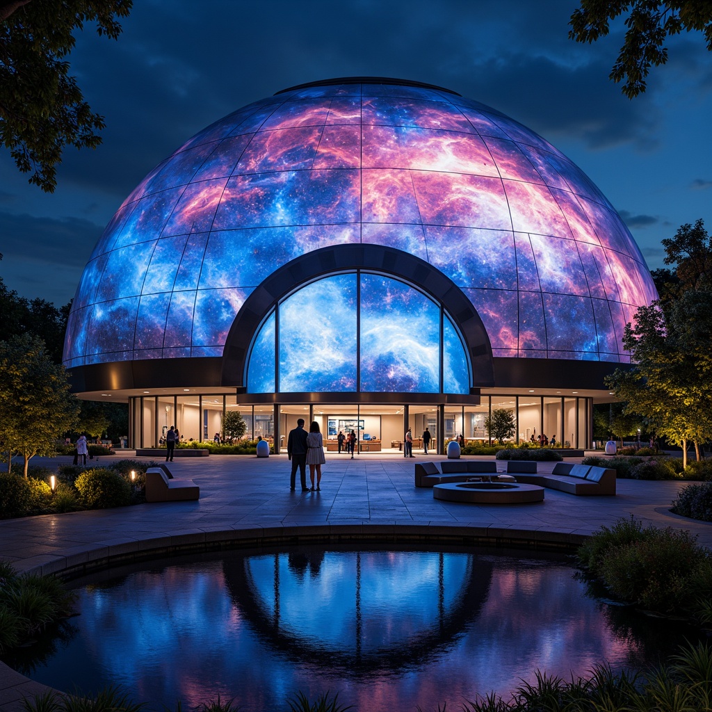 Prompt: Glowing planetarium dome, iridescent colors, swirling nebulae patterns, futuristic metabolism-inspired facade, undulating curves, parametric architecture, glowing LED lights, translucent glass surfaces, metallic accents, extraterrestrial landscape, starry night sky, soft ethereal lighting, shallow depth of field, 1/2 composition, symmetrical view, realistic textures, ambient occlusion, astronomical instruments, telescopes, observatory equipment.