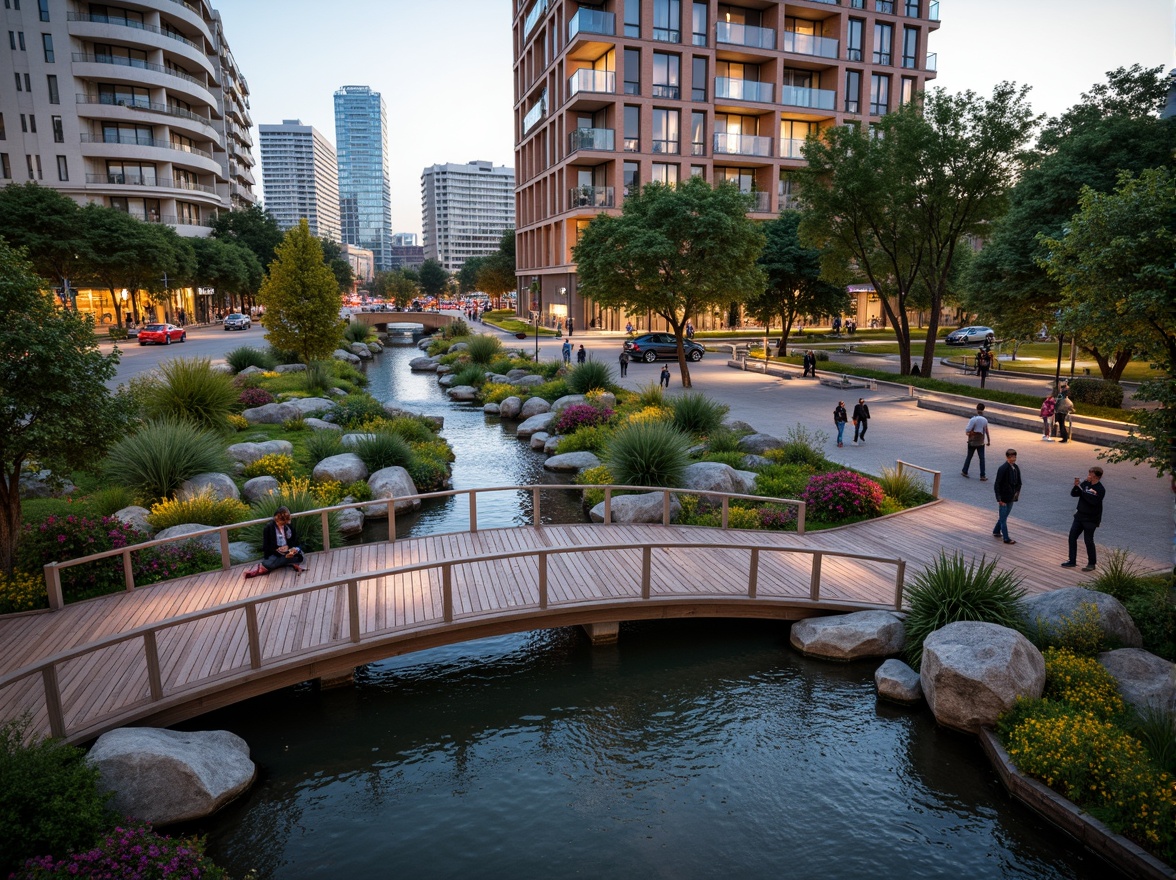 Prompt: Curved pedestrian bridge, sleek metal railings, wooden decking, lush greenery, vibrant flowers, serene water features, natural stone banks, modern urban landscape, bustling city streets, busy roadways, dynamic lighting systems, warm evening ambience, shallow depth of field, 3/4 composition, panoramic view, realistic textures, ambient occlusion.