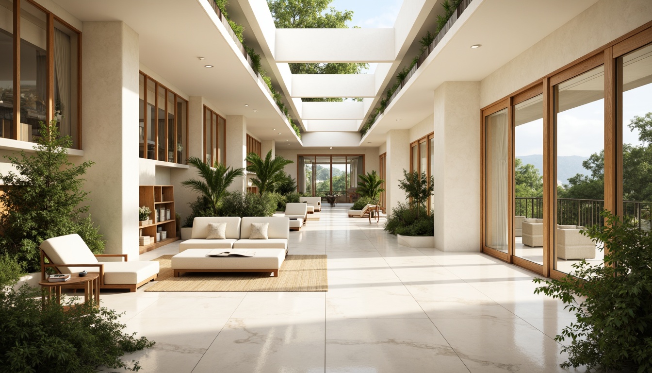 Prompt: Bright airy interior, large windows, sliding glass doors, minimal obstructions, reflective surfaces, polished marble floors, creamy white walls, lush greenery, hanging plants, natural textiles, woven fibers, earthy color palette, soft warm lighting, indirect illumination, clerestory windows, skylights, open floor plans, seamless transitions, organic shapes, curved lines, calming ambiance, peaceful atmosphere, serene background noise.