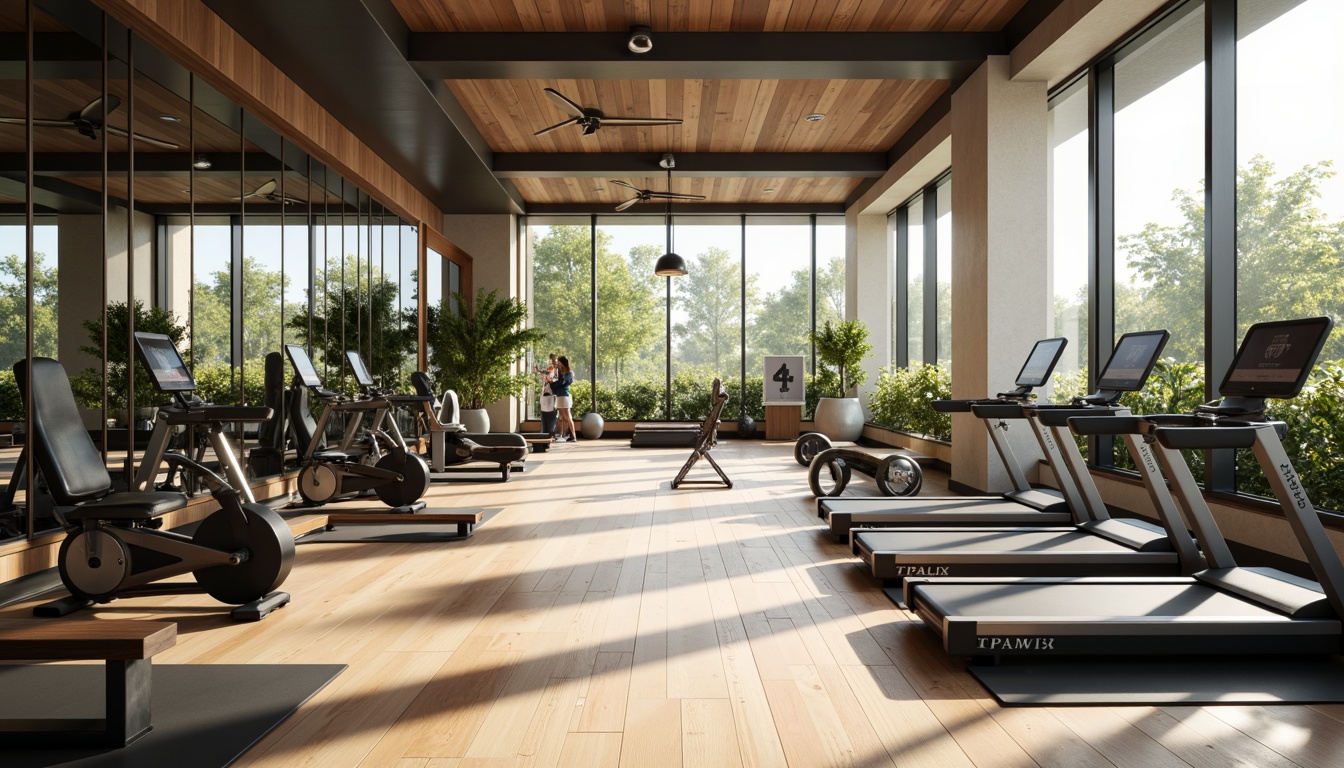 Prompt: Modern fitness club interior, abundant natural light, floor-to-ceiling windows, sleek wooden floors, mirrored walls, state-of-the-art exercise equipment, free weights, treadmills, stationary bicycles, yoga mats, calming color palette, soft warm lighting, shallow depth of field, 1/1 composition, realistic textures, ambient occlusion, airy atmosphere, greenery accents, living plants, refreshing ambiance.