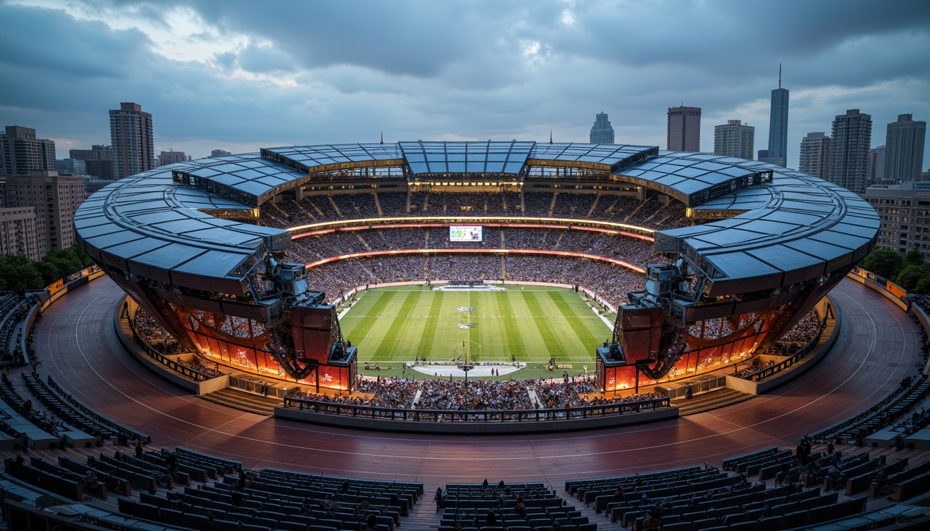 Prompt: Deconstructed football stadium fa\u00e7ade, fragmented forms, irregular shapes, dynamic curves, metallic materials, bold color schemes, abstract patterns, futuristic ambiance, urban landscape, cityscape background, dramatic lighting effects, high-contrast shadows, sharp angles, complex geometry, industrial textures, brutalist architecture, functional aesthetics, athletic track, goalposts, spectator stands, dynamic crowd scenes, intense match atmosphere, vibrant stadium lights, 3/4 composition, shallow depth of field, realistic render.