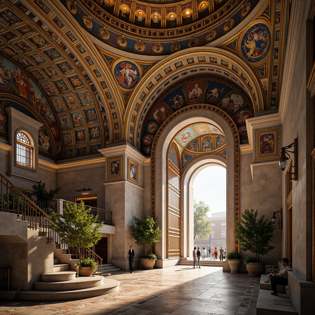 Prompt: Intricate Byzantine patterns, ornate golden accents, lavish mosaics, grand domed roofs, ornamental arches, vibrant colorful textiles, richly detailed frescoes, majestic stone columns, intricate carvings, luxurious marble floors, grand staircases, imposing entrance gates, warm soft lighting, atmospheric ambiance, high-angle shot, 1/2 composition, realistic textures, ambient occlusion.