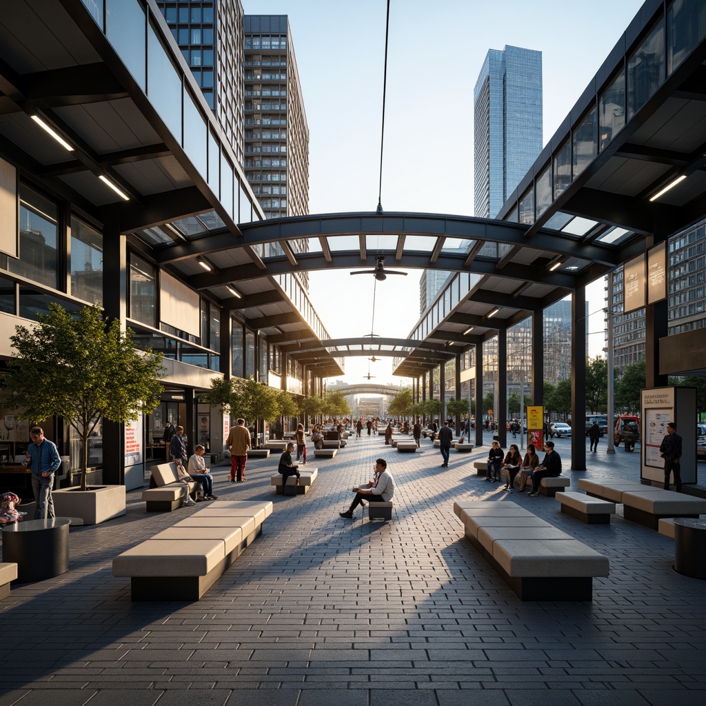 Prompt: Modern tram station, sleek metal framework, glass roofs, natural light, open spaces, efficient passenger flow, comfortable seating areas, clear signage systems, convenient ticketing machines, urban landscape, city skyline views, morning rush hour atmosphere, soft warm lighting, shallow depth of field, 1/2 composition, realistic textures, ambient occlusion.