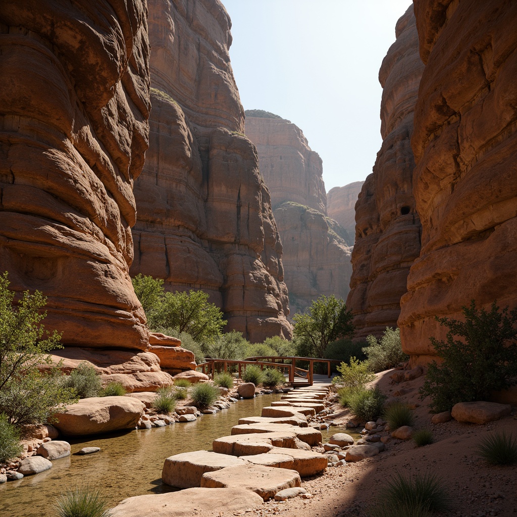 Prompt: Rustic canyon landscape, weathered rock formations, sandy riverbeds, sparse vegetation, ancient petroglyphs, worn wooden bridges, natural stone pathways, earthy color palette, rough-hewn textures, dramatic lighting, deep shadows, atmospheric perspective, 1/2 composition, cinematic camera angles, high dynamic range, realistic rock normal maps, ambient occlusion.