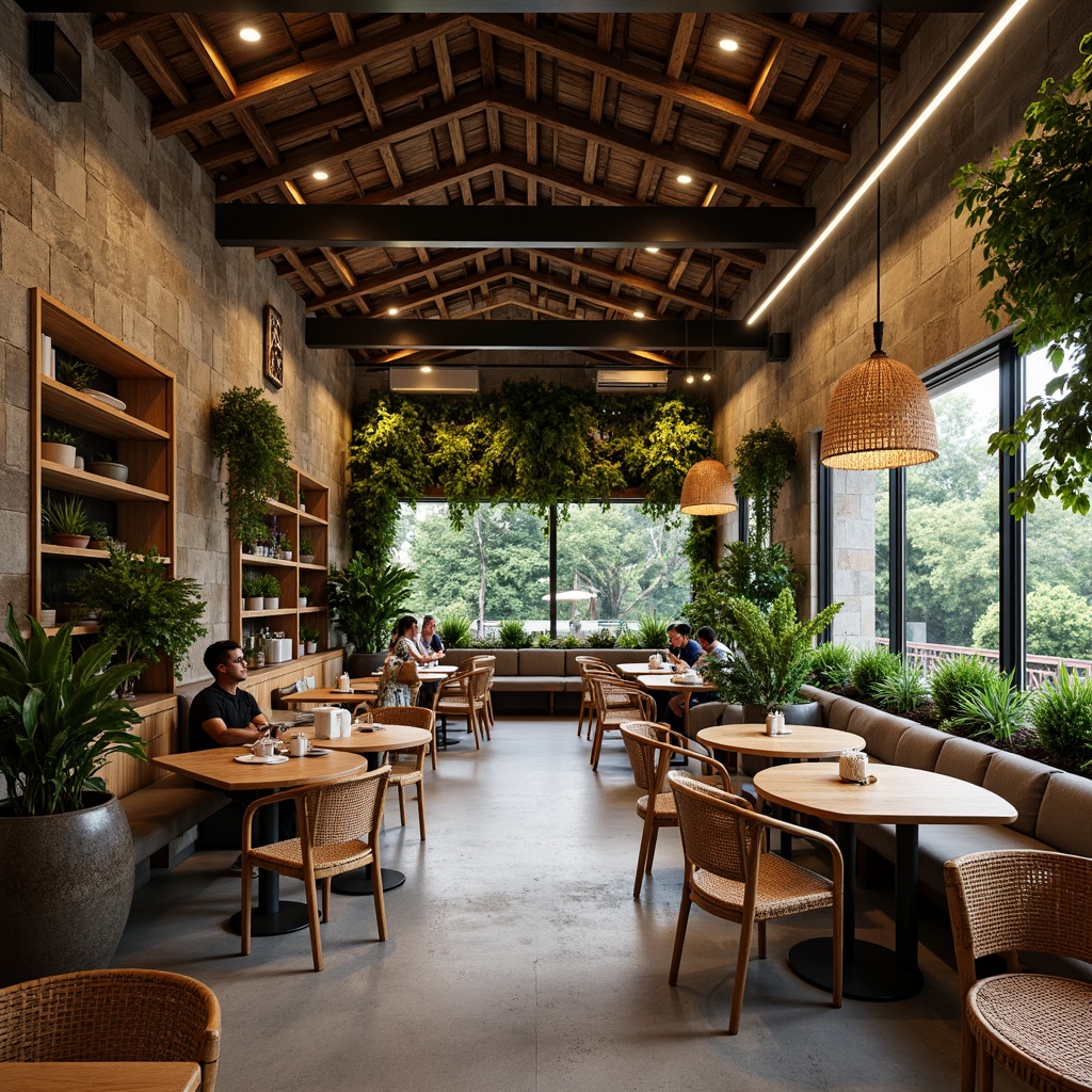 Prompt: Cozy coffee shop, reclaimed wood accents, natural stone walls, earthy tones, woven bamboo chairs, wooden tables, rattan pendant lights, living green walls, potted plants, floor-to-ceiling windows, rustic metal beams, warm ambient lighting, soft focus, 1/2 composition, inviting atmosphere, nature-inspired textures, organic shapes.