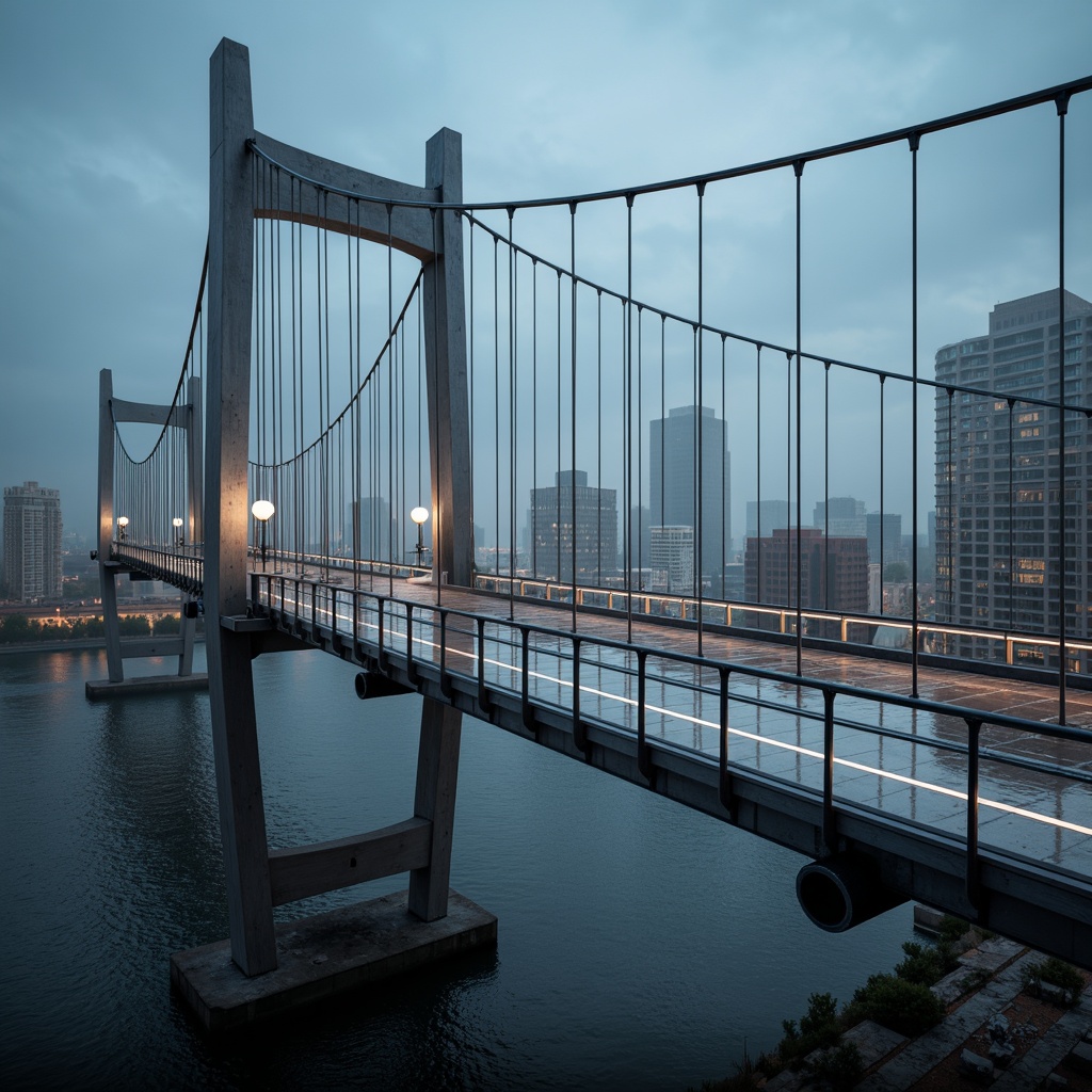 Prompt: Futuristic bridge design, sleek metallic structures, tubular pillars, suspended roadways, cantilevered sections, dynamic curves, neon-lit accents, reflective glass railings, modern LED lighting systems, urban cityscape backdrop, misty atmospheric effects, shallow depth of field, 1/2 composition, symmetrical framing, high-contrast color palette, realistic metallic textures, ambient occlusion.