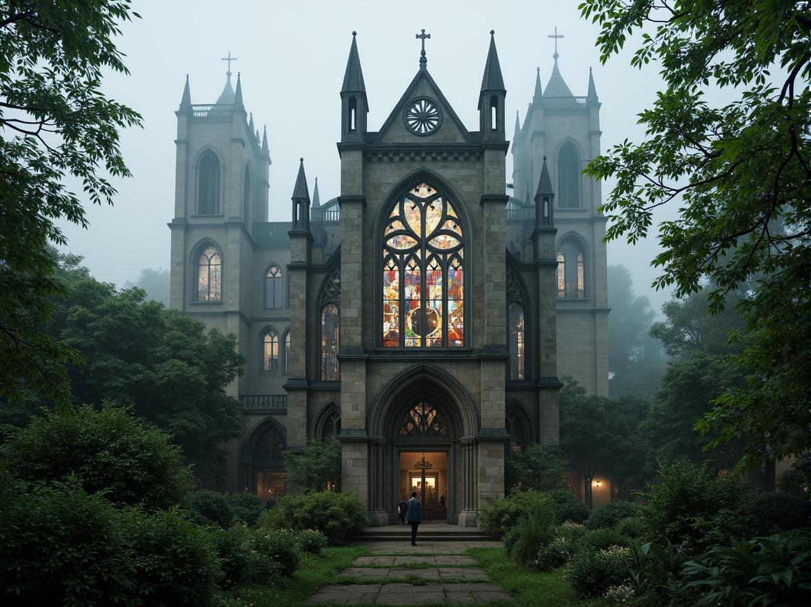 Prompt: Majestic Gothic cathedral, intricate stone carvings, stunning stained glass windows, grandiose entrance, lush greenery, overgrown vines, moss-covered walls, mystical foggy atmosphere, misty morning light, dramatic backlighting, shallow depth of field, 1/2 composition, symmetrical framing, ornate architectural details, weathered stone textures, mysterious ambiance, eerie silence, abandoned landscape, ruined castle walls, forgotten graveyard, ancient trees, twisted branches, Gothic-inspired sculptures.