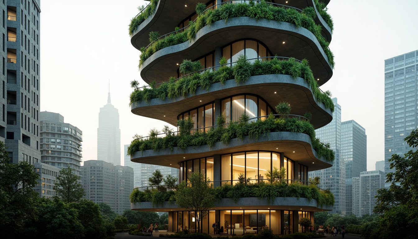 Prompt: Curved skyscraper facade, undulating organic shapes, verdant green walls, living walls, natural stone cladding, wooden accents, fluid lines, biomimetic design, futuristic architecture, urban jungle, cityscape views, misty atmospheric effects, soft warm lighting, high-rise buildings, cantilevered structures, asymmetrical composition, 1/1 aspect ratio, cinematic rendering, realistic textures, ambient occlusion.Please let me know if this meets your requirements!