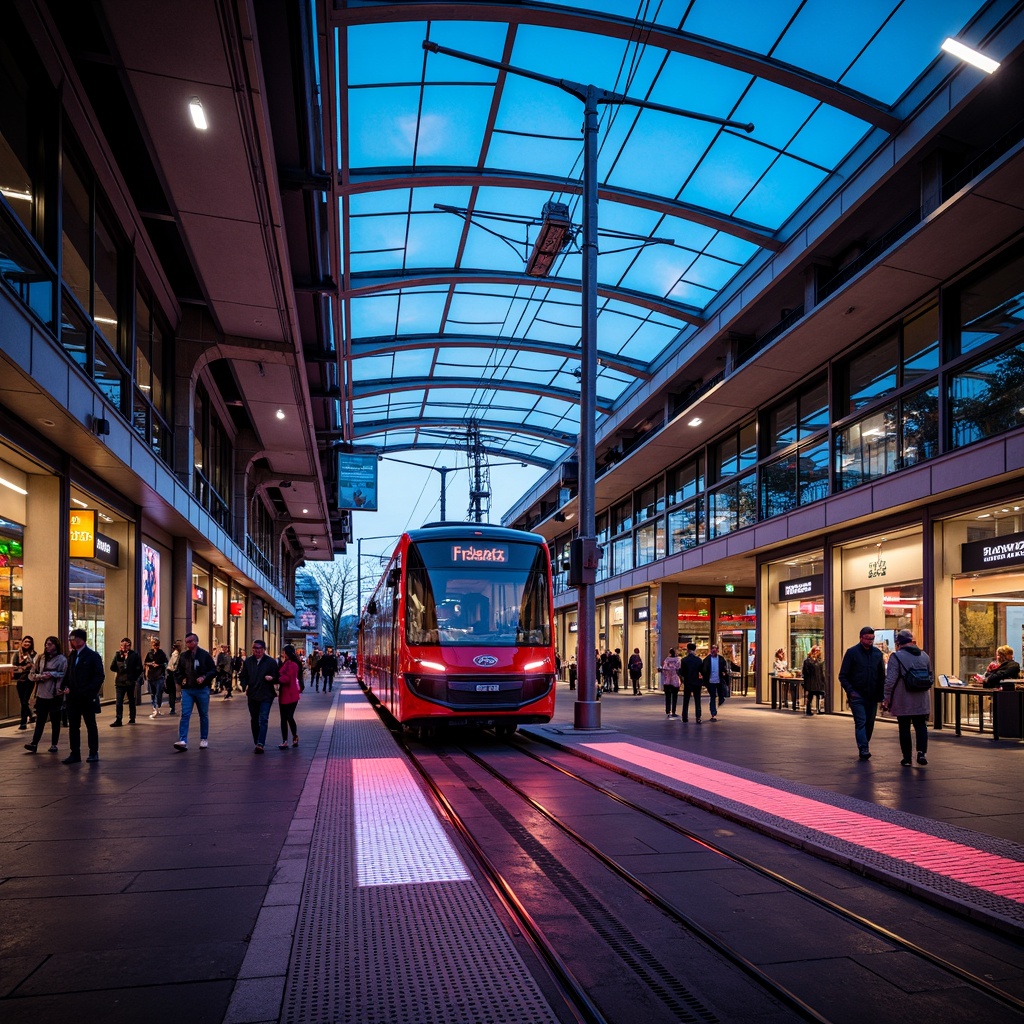 Prompt: Vibrant tram station, modern architecture, sleek metal structures, glass roofs, urban cityscape, busy commuters, dynamic lighting, neon signs, bold color scheme, bright accents, energetic atmosphere, futuristic vibe, dark grey concrete floors, stainless steel beams, LED light installations, abstract geometric patterns, moody evening ambiance, dramatic shadows, 3/4 composition, high contrast colors, metropolitan feel.